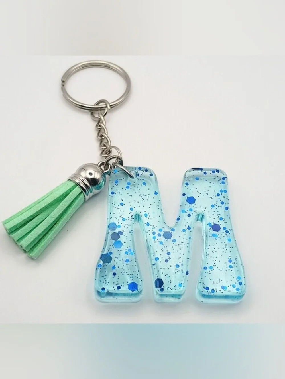 Letter M Blue Glitter Resin Keychain With Tassel